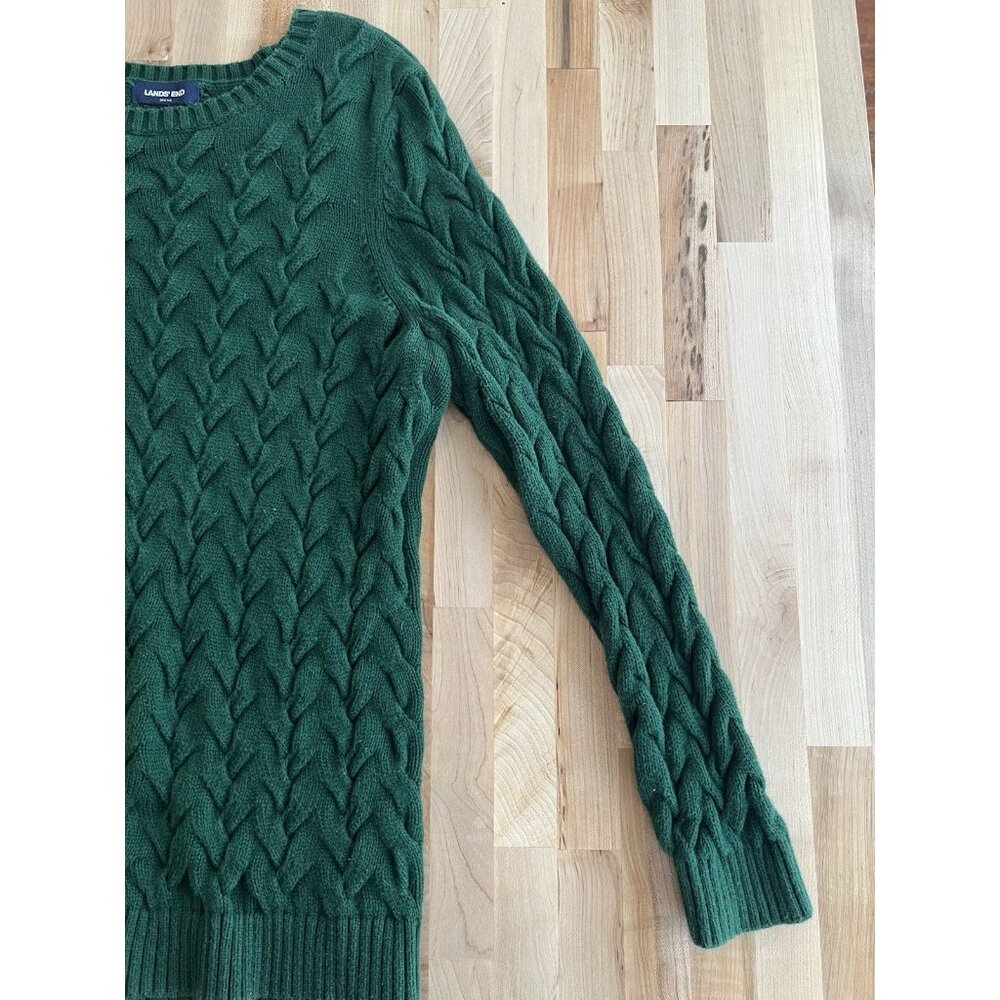 Lands End Sweater Crew Neck Pullover 100% Cotton Chunky Knit Dark Green L, 14-16 - Picture 3 of 9